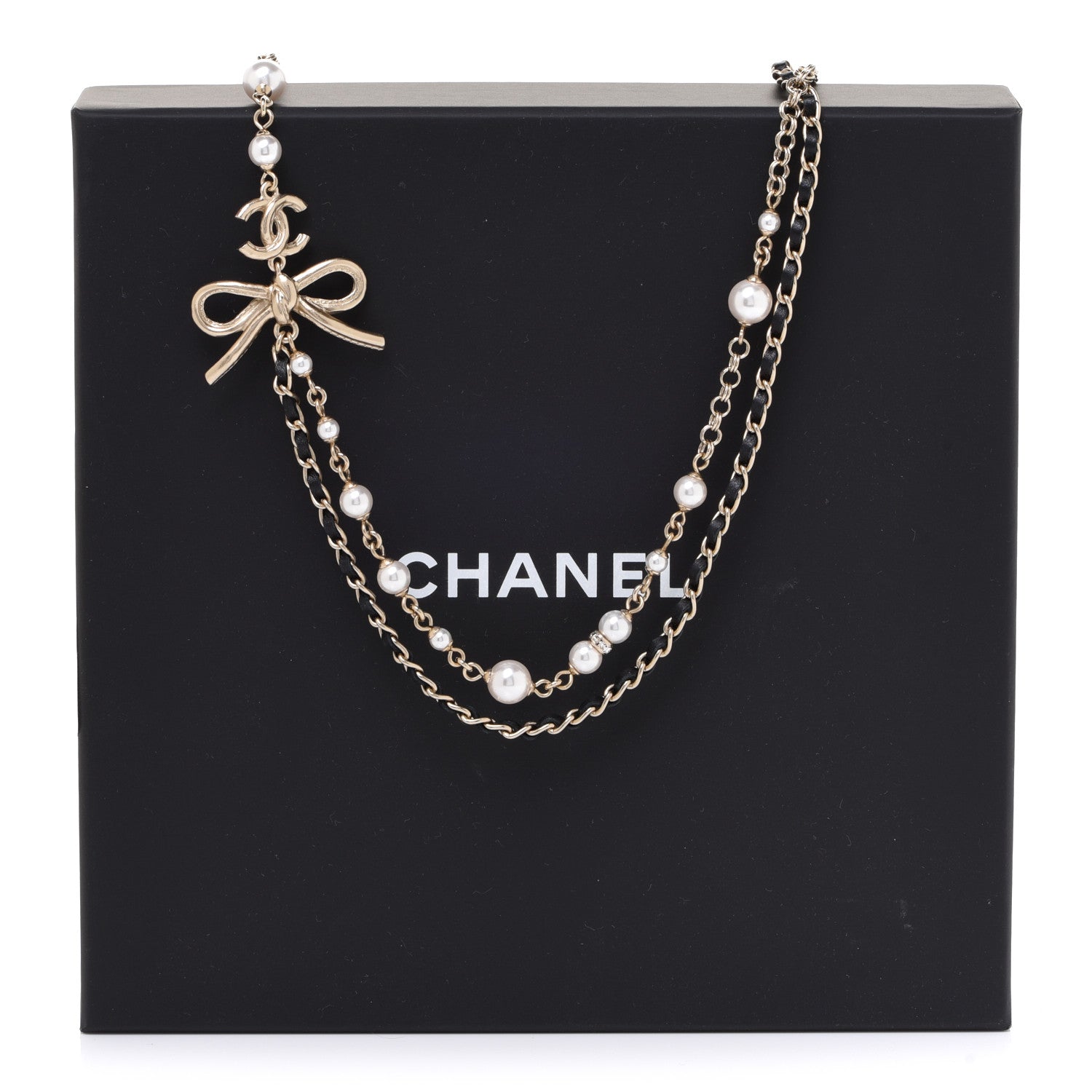 Chanel Calfskin Pearl Metal CC Bow Necklace Gold White Black 6 of 6