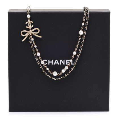 Chanel Calfskin Pearl Metal CC Bow Necklace Gold White Black 6 of 6