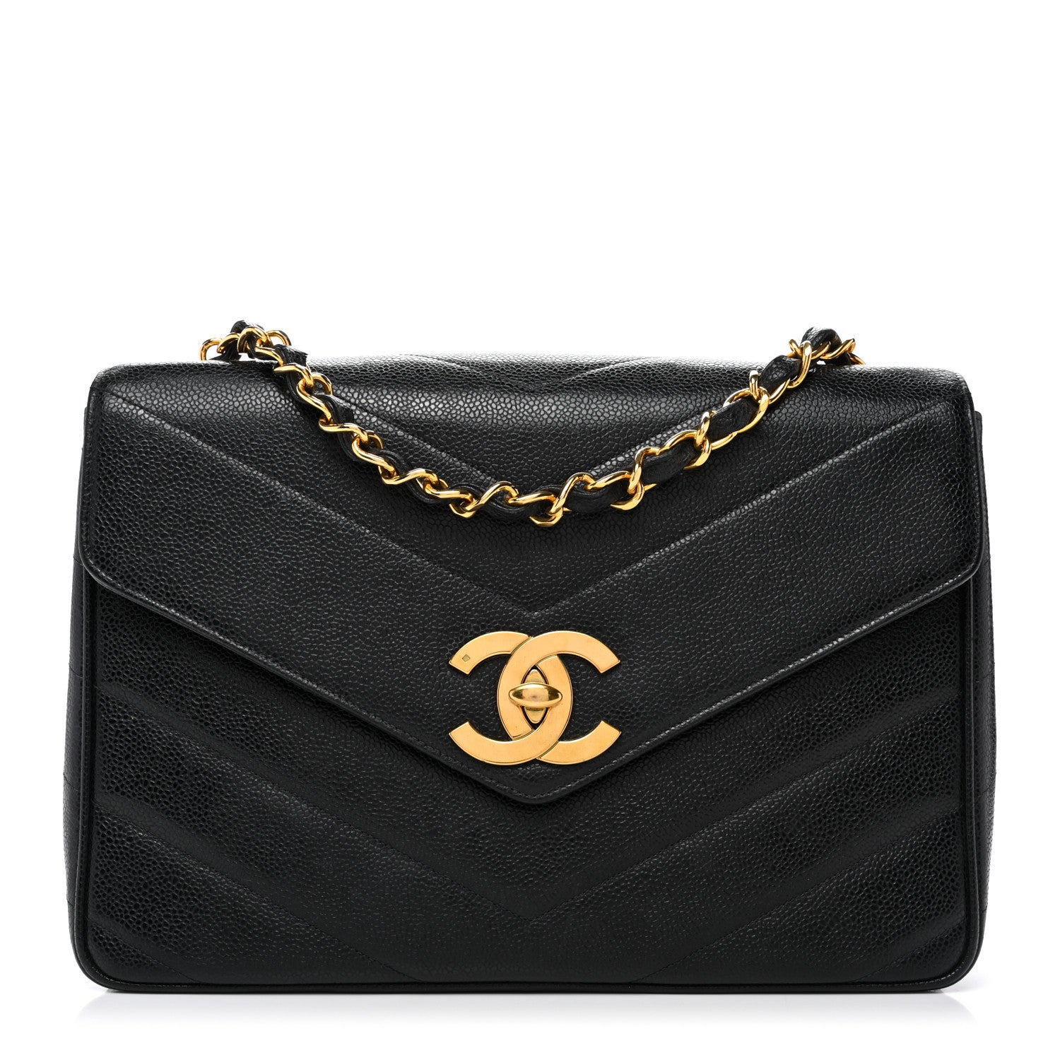 Chanel Caviar Chevron Quilted Jumbo Single Flap Black 1 of 10