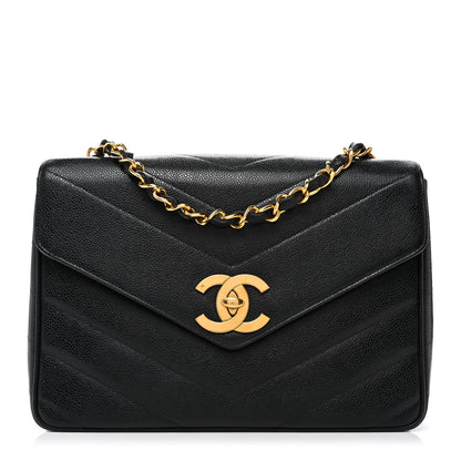 Chanel Caviar Chevron Quilted Jumbo Single Flap Black 1 of 10