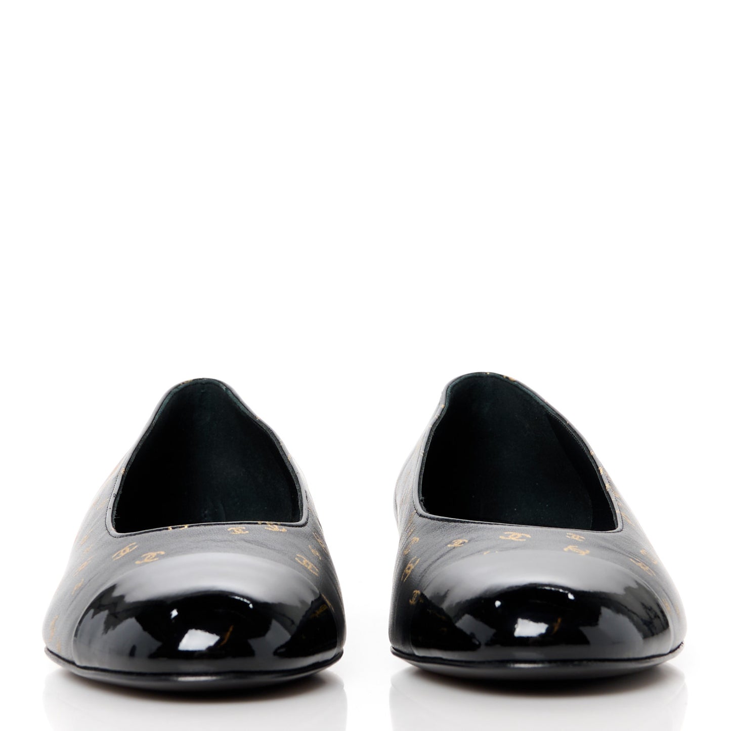 Lambskin Patent Calfskin Printed CC Cap Toe Ballerina Flats 37 Black Gold
