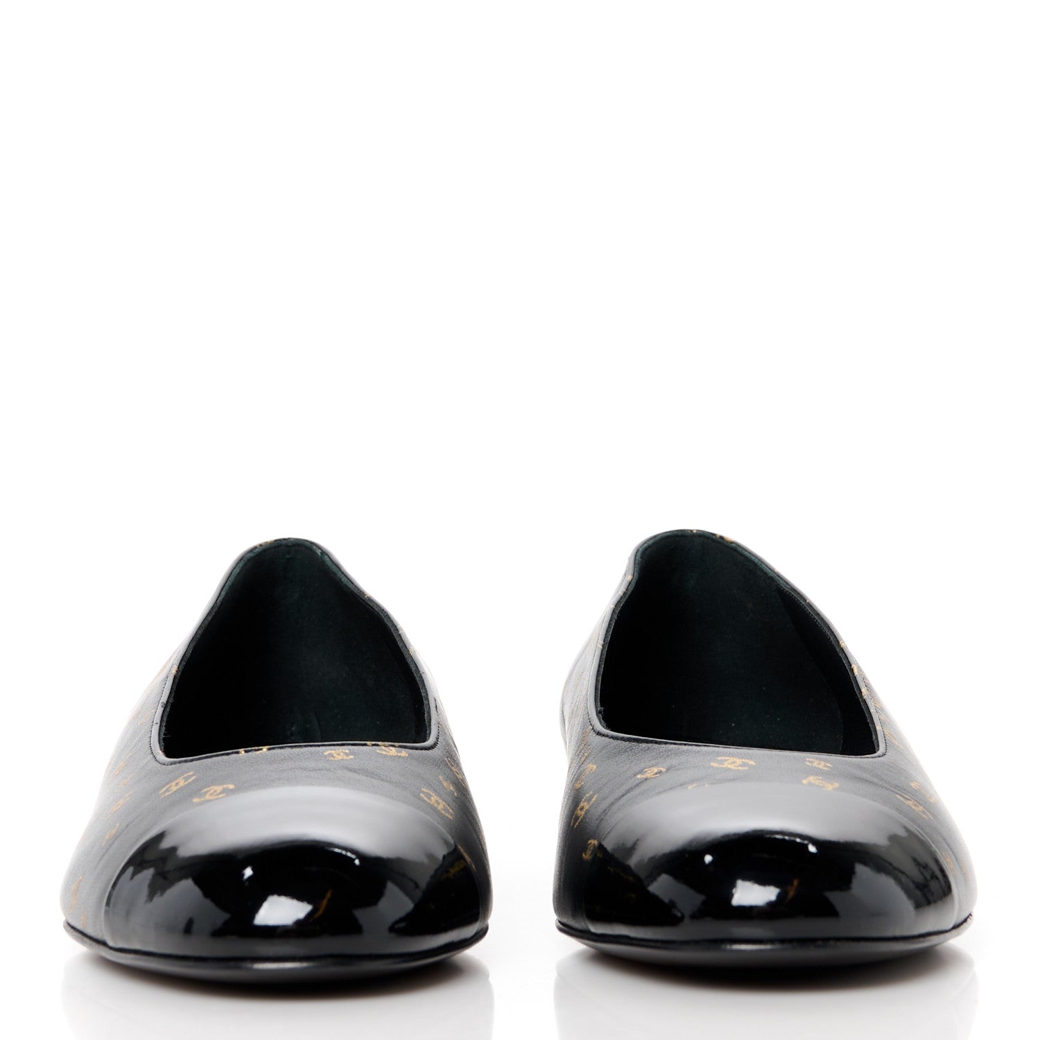 Chanel Lambskin Patent Calfskin Printed CC Cap Toe Ballerina Flats 37 Black Gold 2 of 9