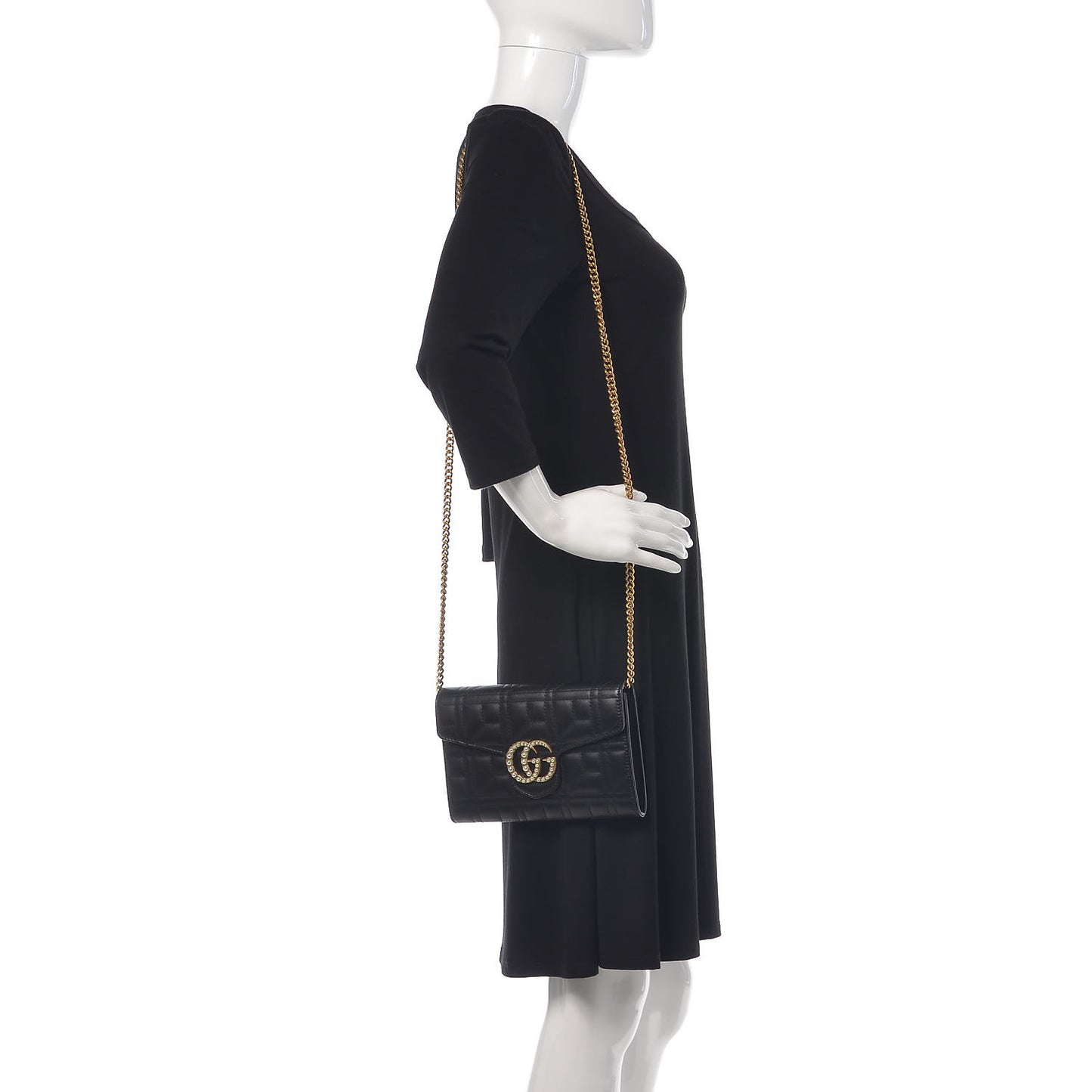 Calfskin Matelasse Mini Pearly GG Marmont Chain Wallet Black