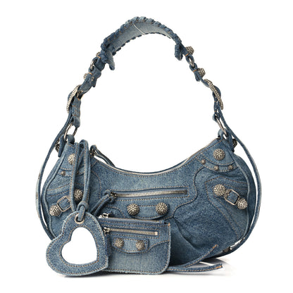 Balenciaga Washed Frayed Denim Crystal Small Le Cagole Shoulder Bag Blue 1 of 8