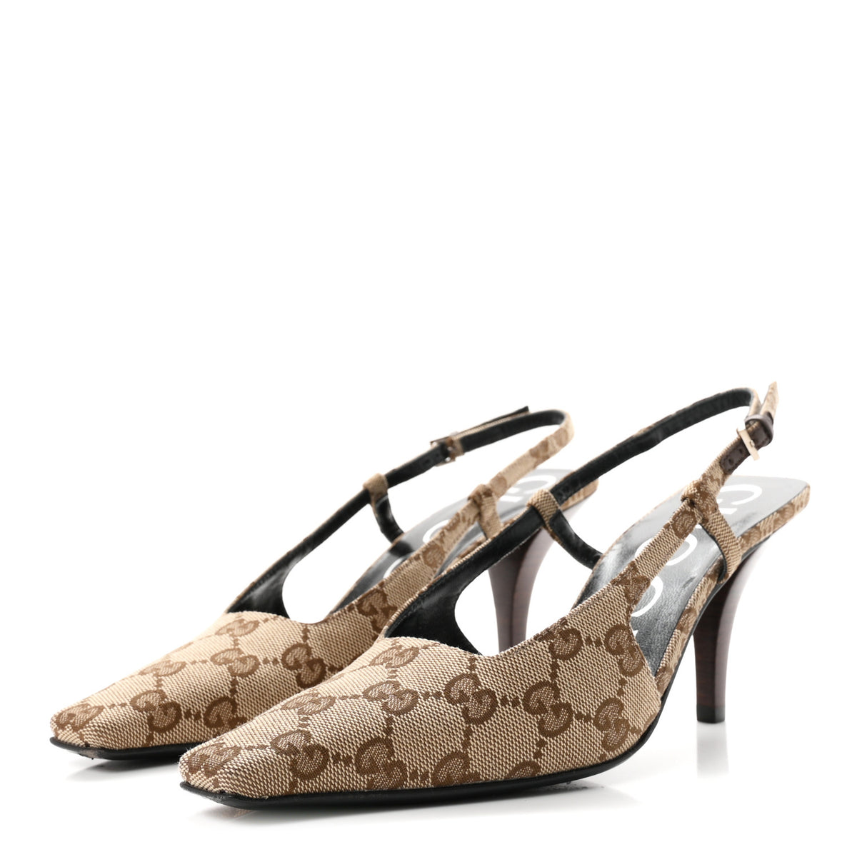 Gucci Monogram Malga Kid Square G 75mm Slingback Pumps 36.5 Beige Ebony New Acero 4 of 9