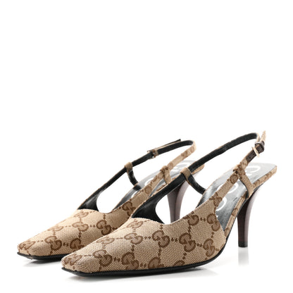 Gucci Monogram Malga Kid Square G 75mm Slingback Pumps 36.5 Beige Ebony New Acero 4 of 9