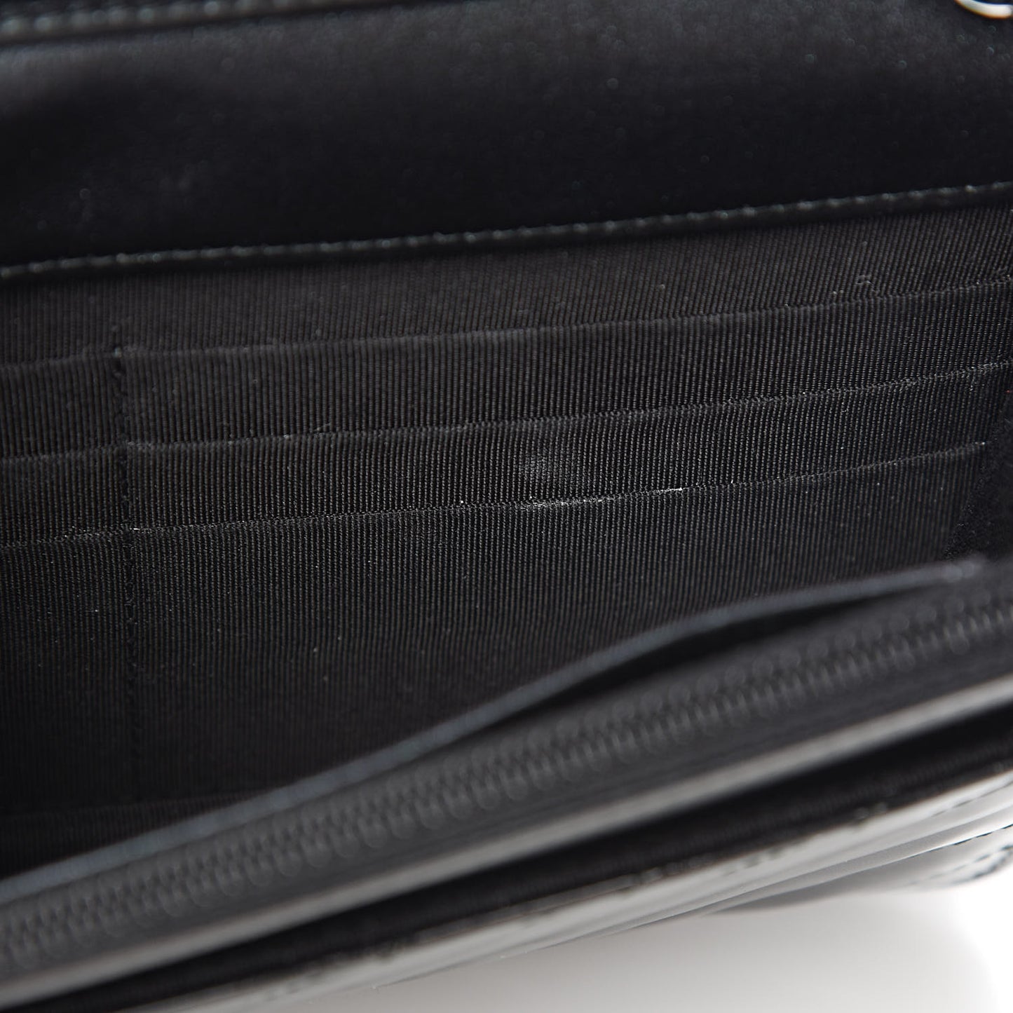 Patent Metallic Crumpled Calfskin Chevron Quilted Wallet On Chain WOC Black