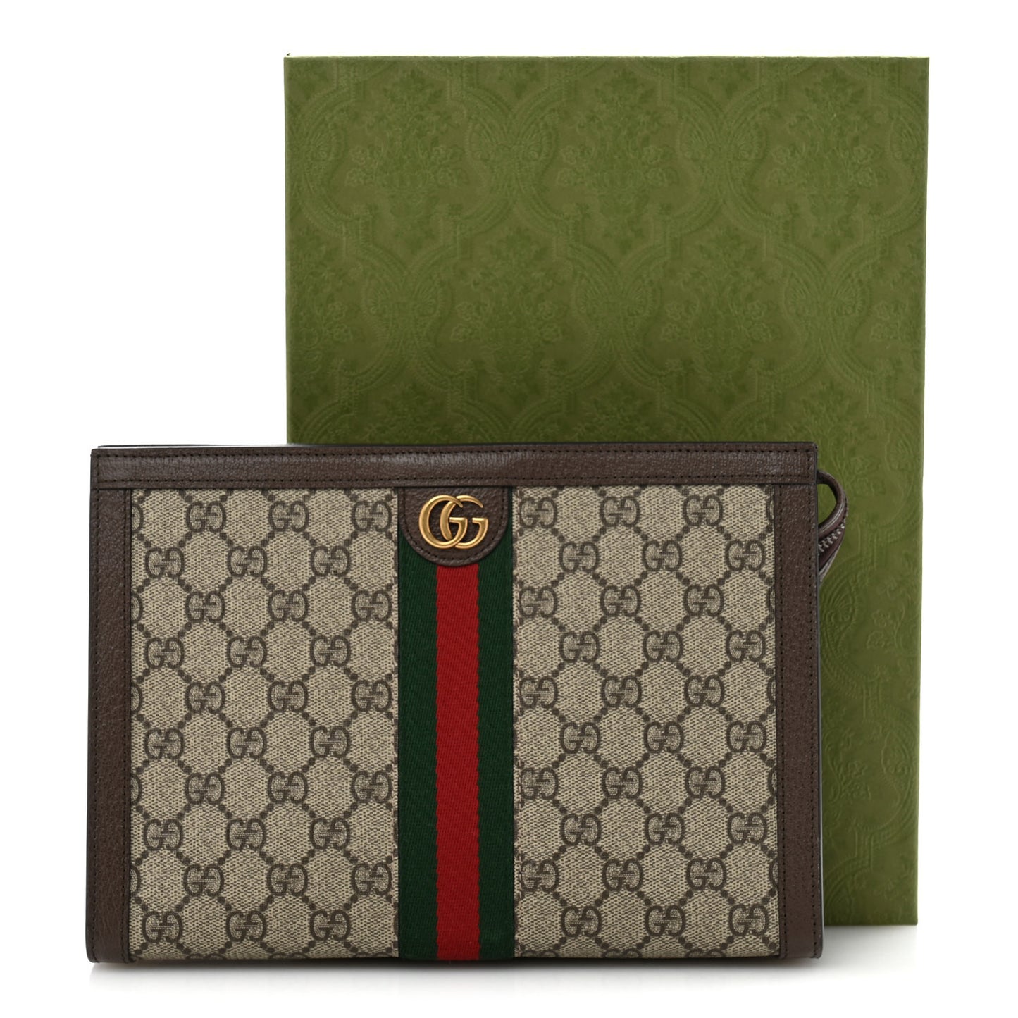 GG Supreme Monogram Textured Dollar Calfskin Web Small Ophidia Wristlet Pouch Beige Ebony New Acero