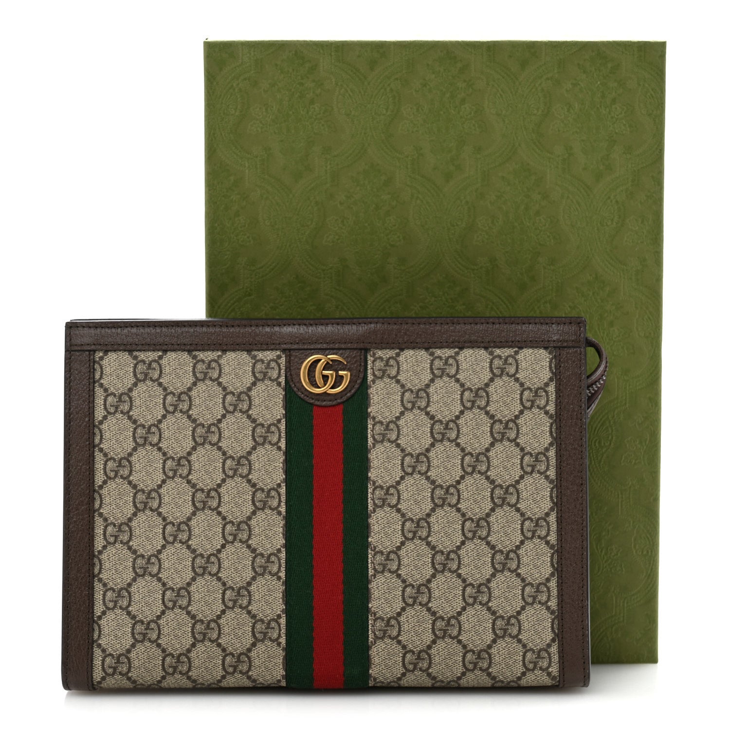 Gucci GG Supreme Monogram Textured Dollar Calfskin Web Small Ophidia Wristlet Pouch Beige Ebony New Acero 10 of 10