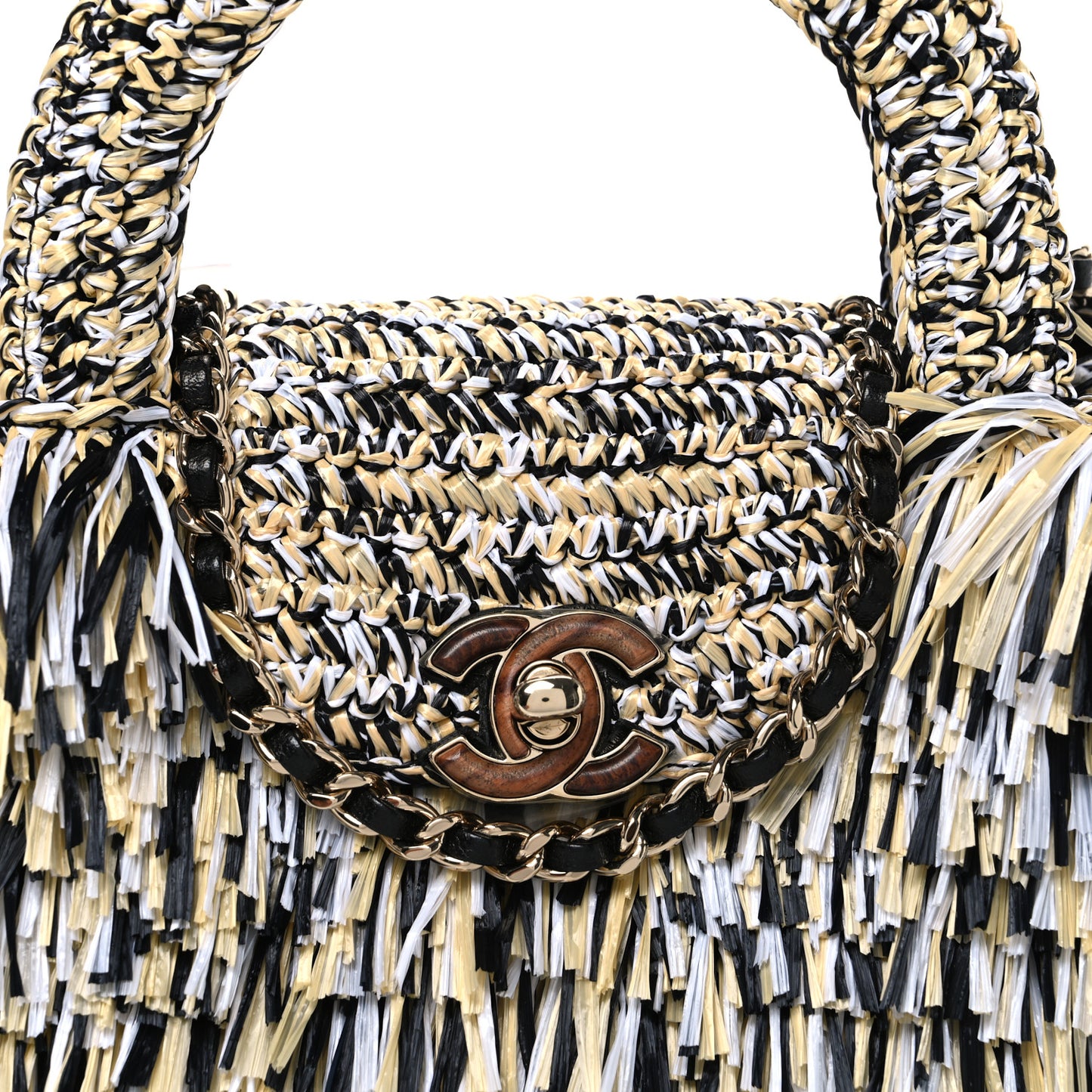 Raffia Fringe Nano Kelly Shopper Yellow Black White