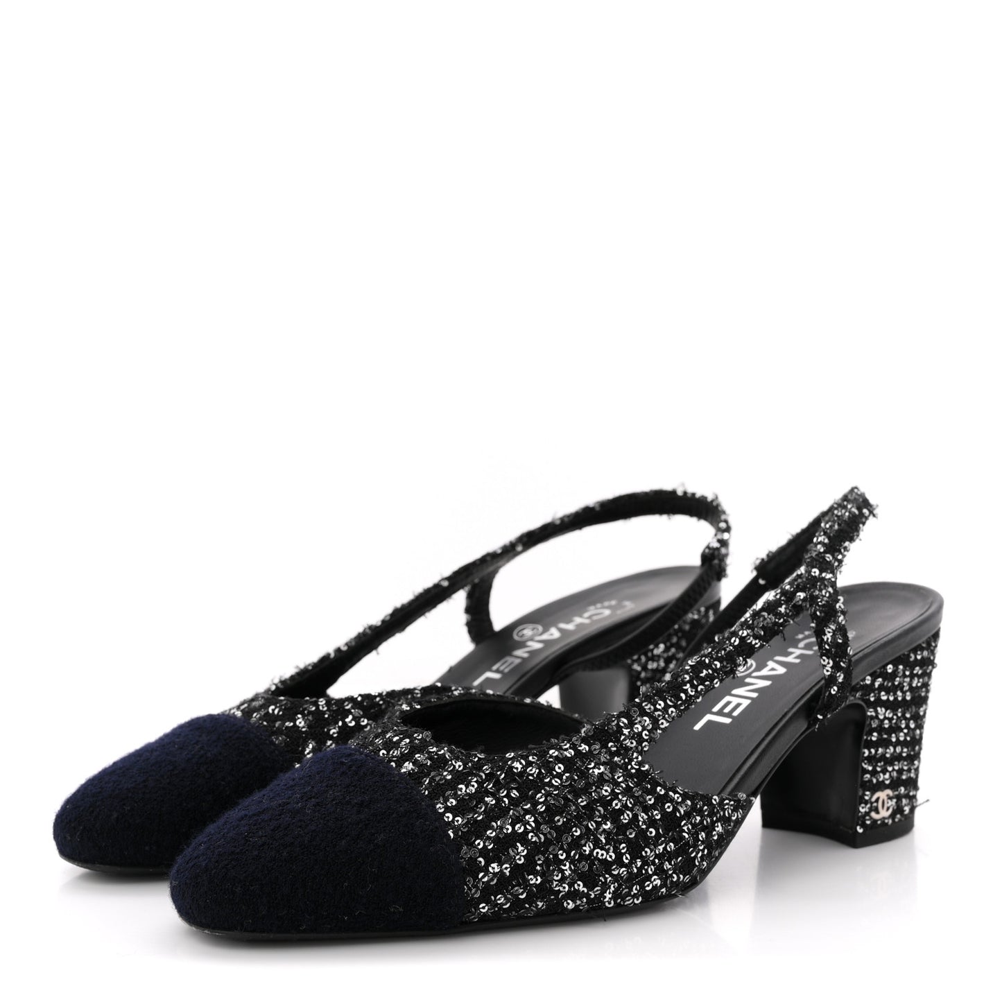 Tweed Sequin Cap Toe CC Slingback Pumps 38 Black White Silver