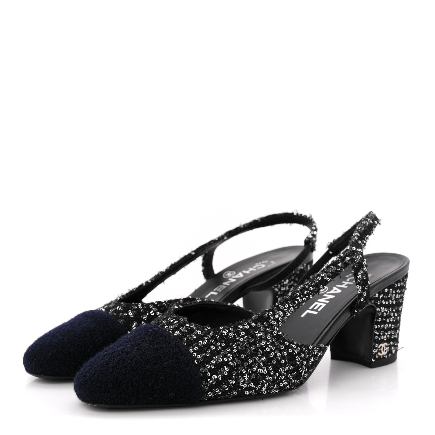 Chanel Tweed Sequin Cap Toe CC Slingback Pumps 38 Black White Silver 4 of 14