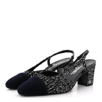 Chanel Tweed Sequin Cap Toe CC Slingback Pumps 38 Black White Silver 4 of 14