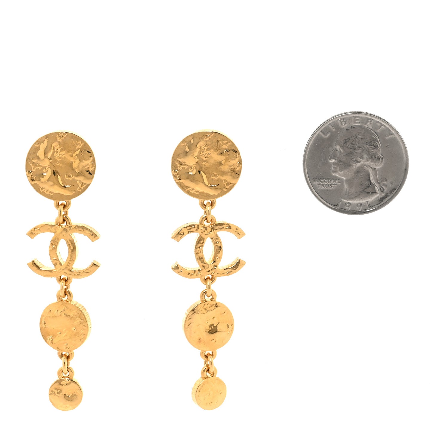 Metal Disc CC Long Drop Earrings Gold