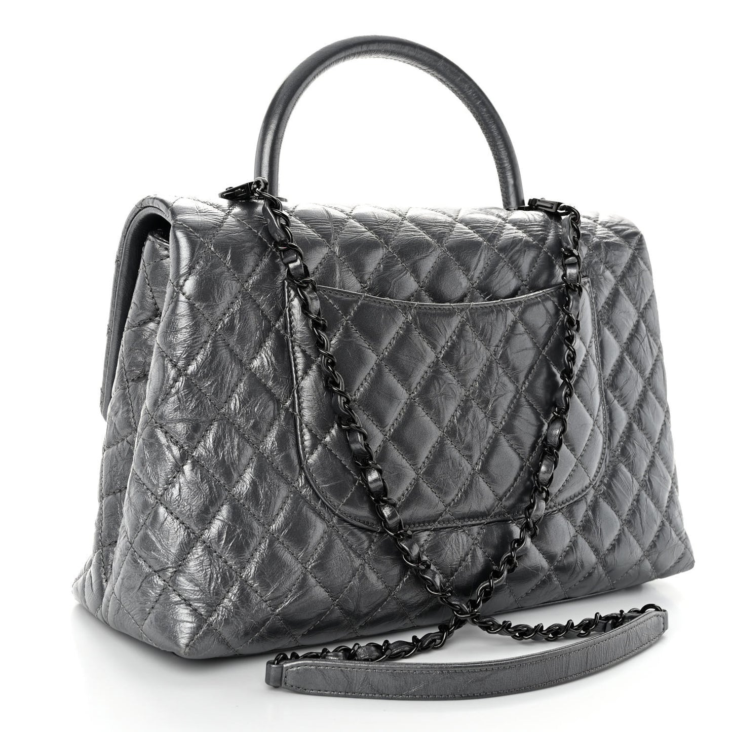 Metallic Aged Calfskin Quilted Medium Coco Handle Flap Charcoal