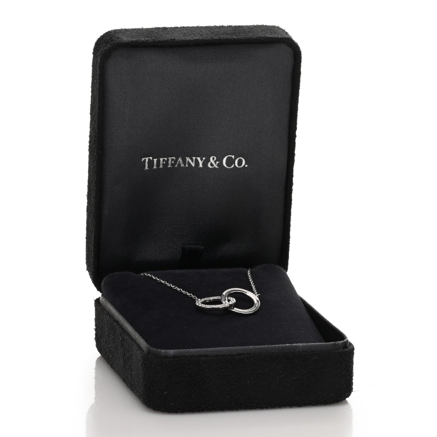 18K White Gold Diamond Double Interlocking Circles Pendant Necklace