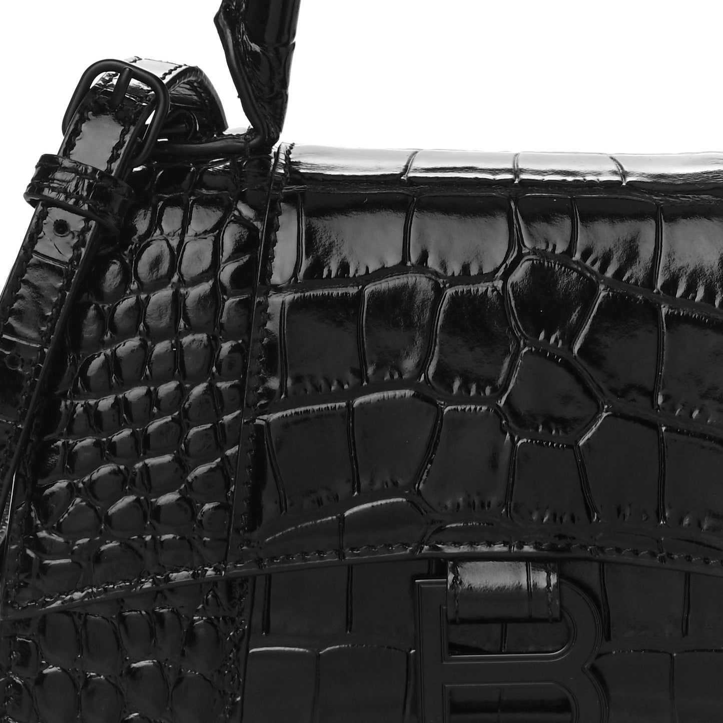 Shiny Calfskin Monochrome Crocodile Embossed Hourglass Top Handle Bag XS Black