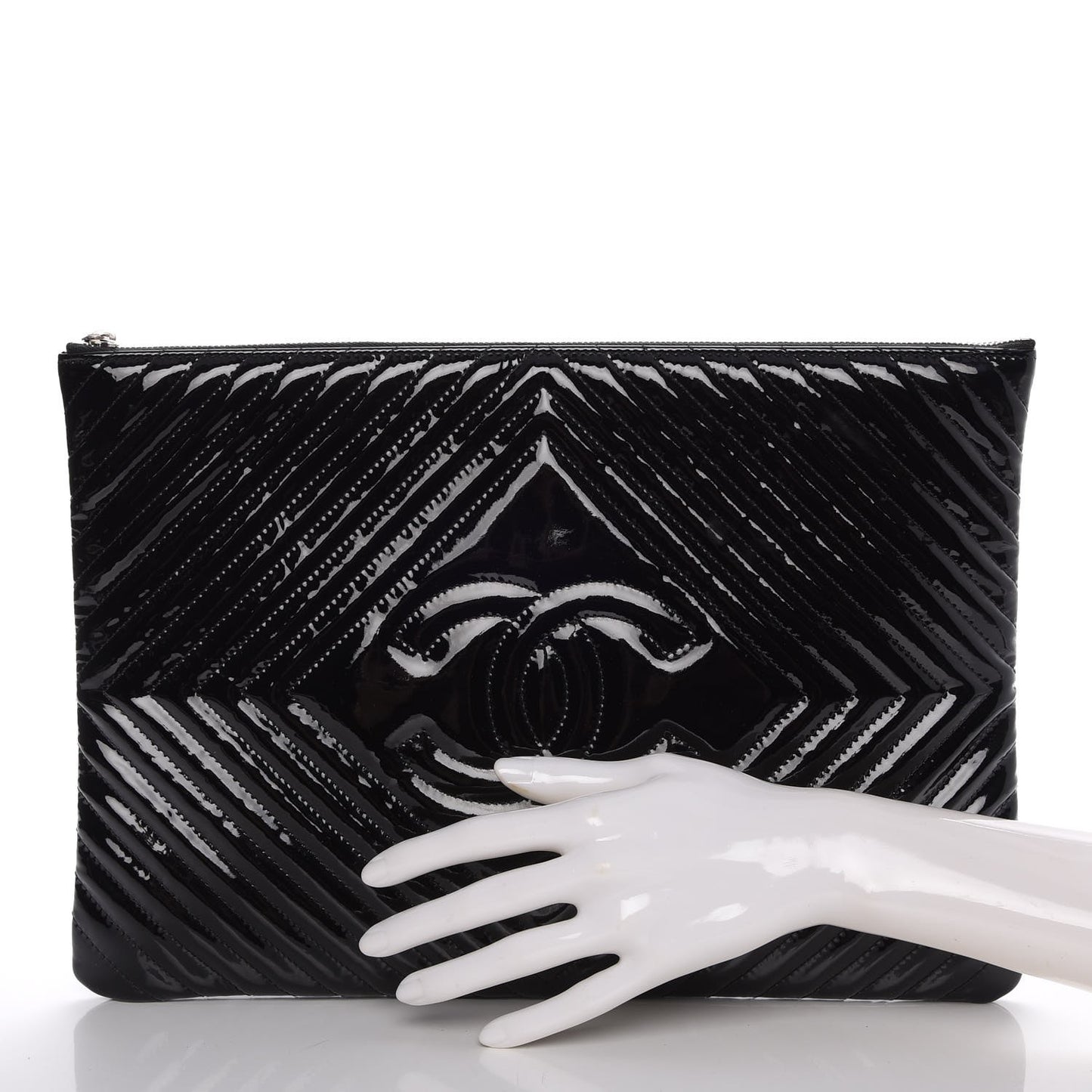Patent Chevron Quilted CC Large Zip Clutch Black