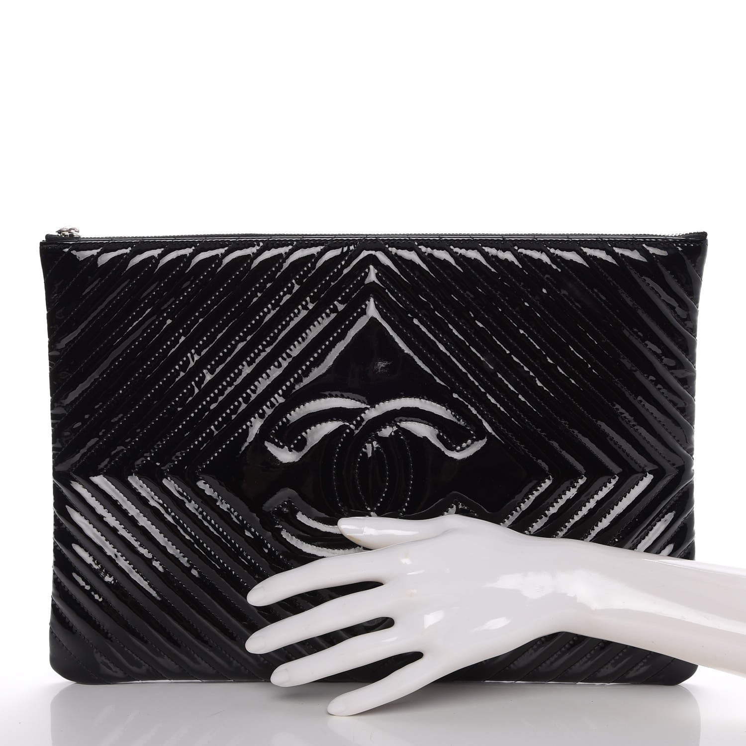 Chanel Patent Chevron Quilted CC Large Zip Clutch Black 2 of 7