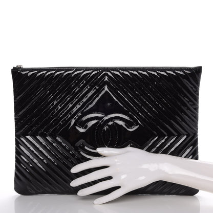 Chanel Patent Chevron Quilted CC Large Zip Clutch Black 2 of 7