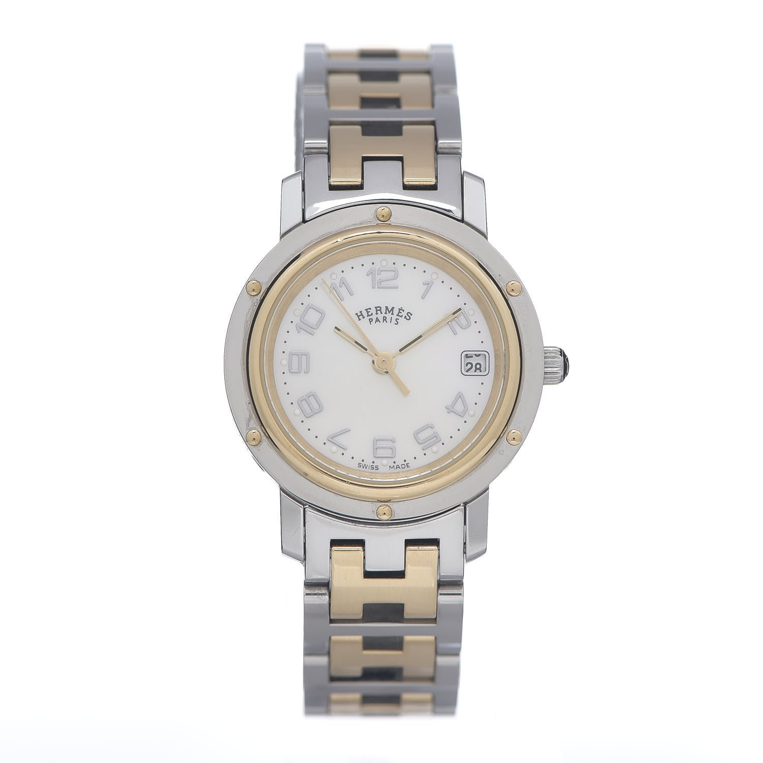 Hermes Stainless Steel Mother of Pearl 24mm Clipper Quartz Watch Gold 1 of 5