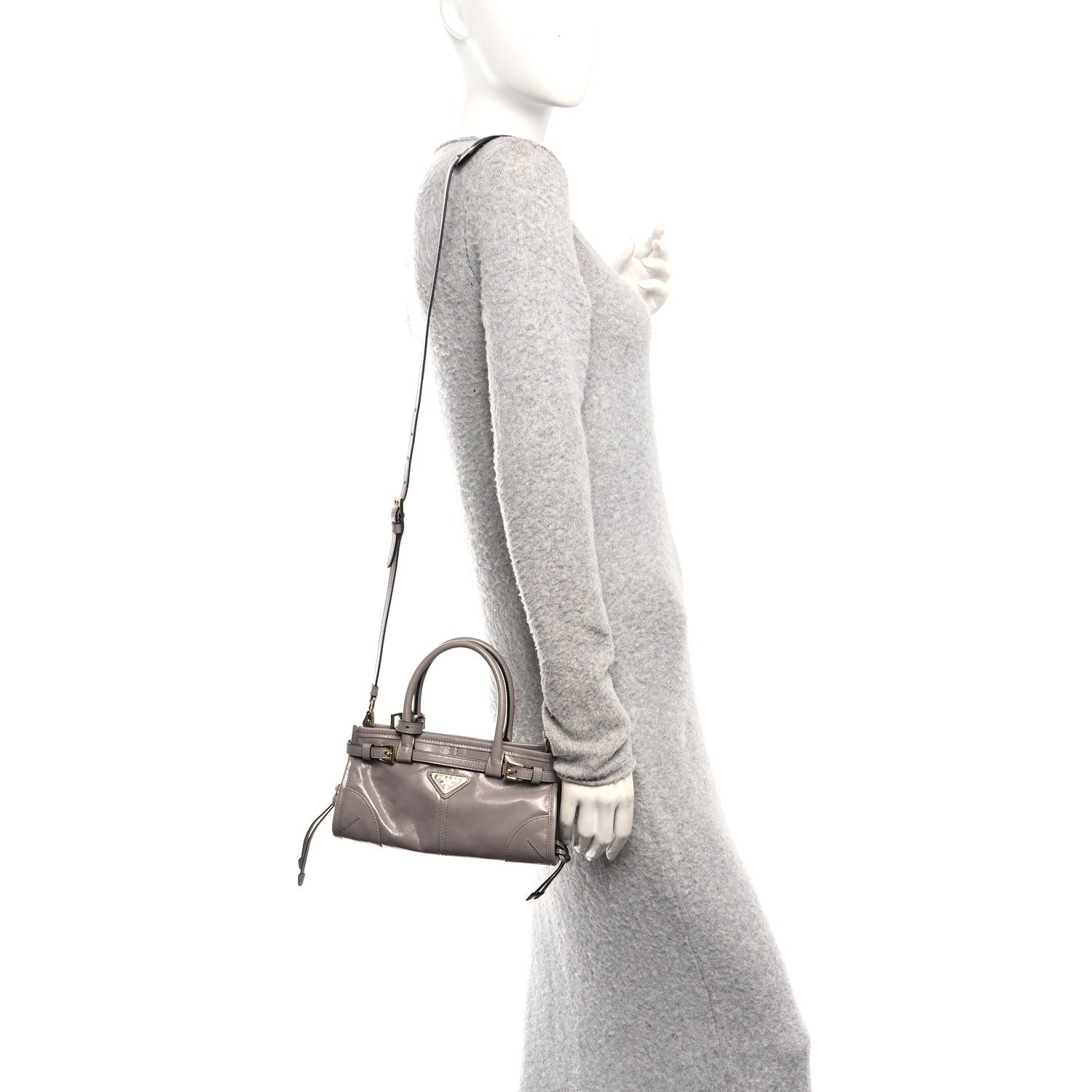 Prada Glossy Calfskin Triangle Mini Bonnie Shoulder Bag Pewter 2 of 10