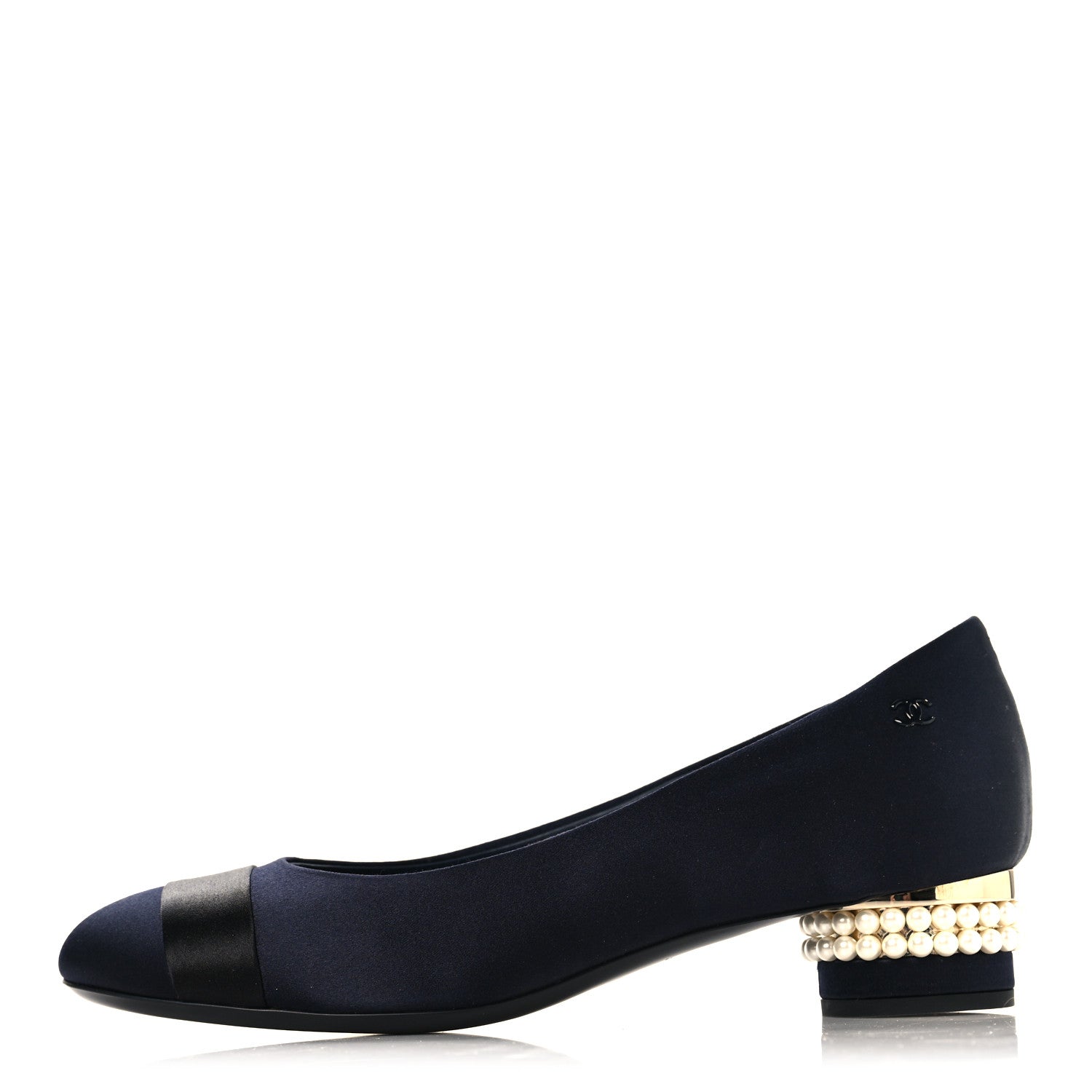 Chanel Satin Pearl Cap Toe Low Heel Pumps 38 Navy Blue Black 1 of 10