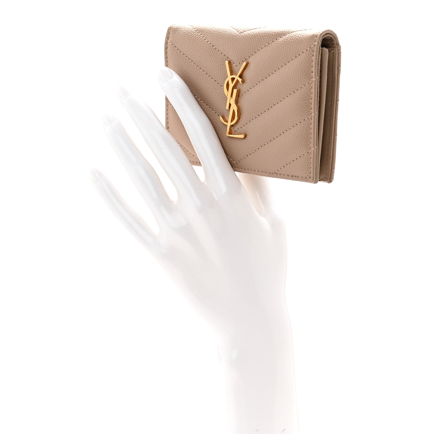 Saint Laurent Grain De Poudre Matelasse Chevron Monogram Flap Card Case Dark Beige 2 of 9