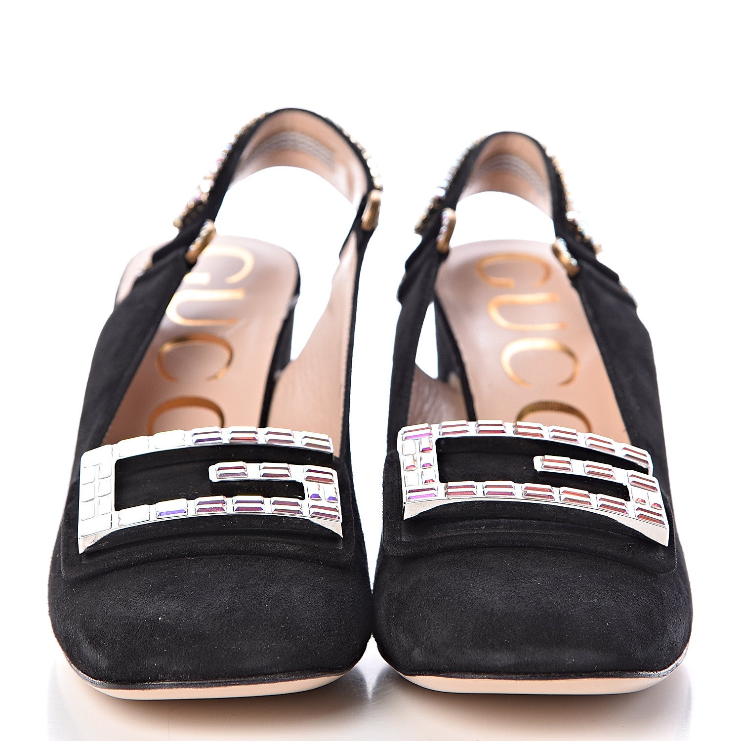 Gucci Kid Scamosciato Crystal Square G Madelyn Slingbacks 35.5 Black 2 of 10