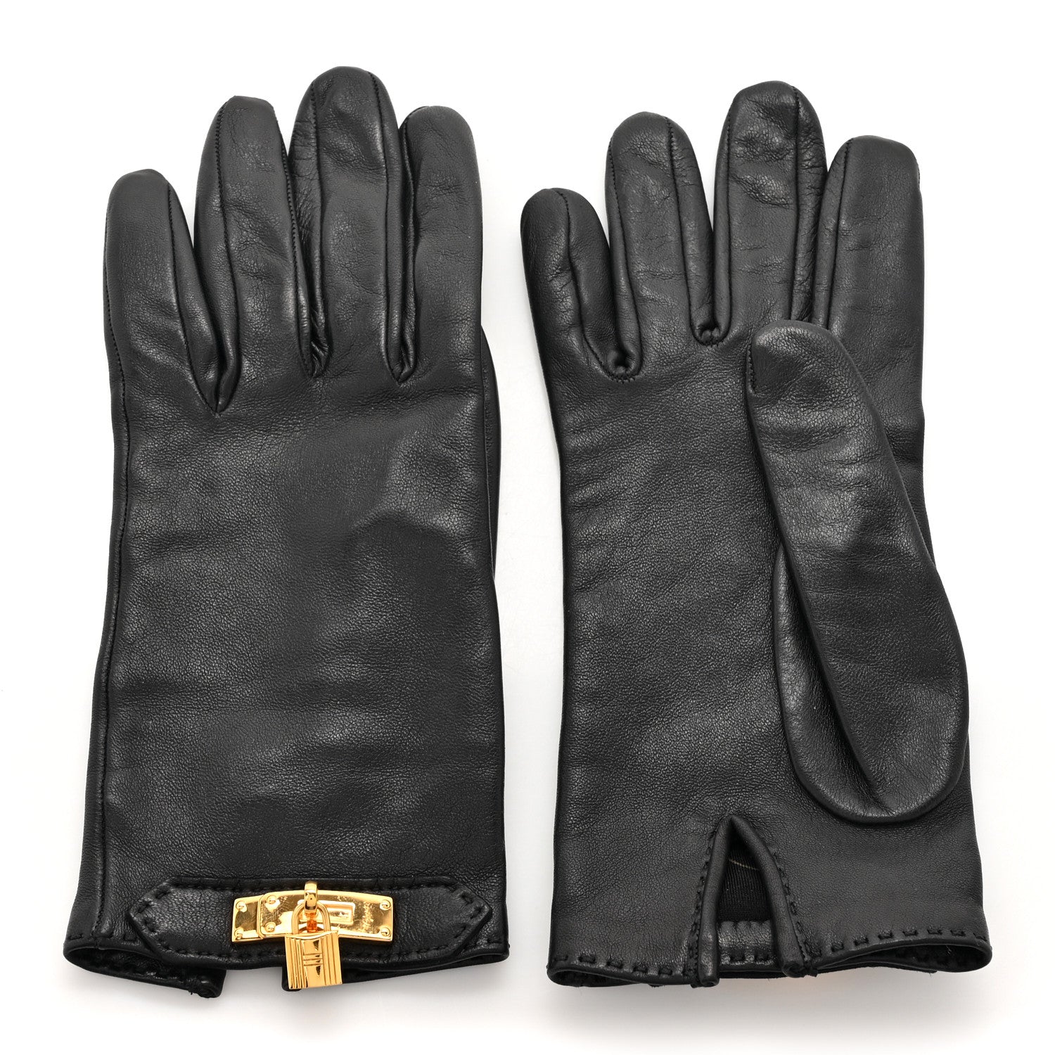 Hermes Lambskin Soya Kelly Lock Gloves 6.5 Black 1 of 4