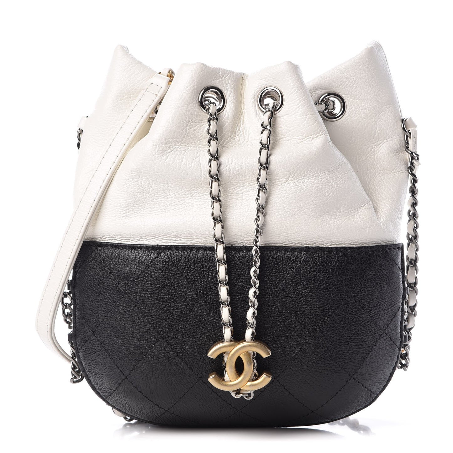 Aged Calfskin Quilted Small Gabrielle Bucket White Black