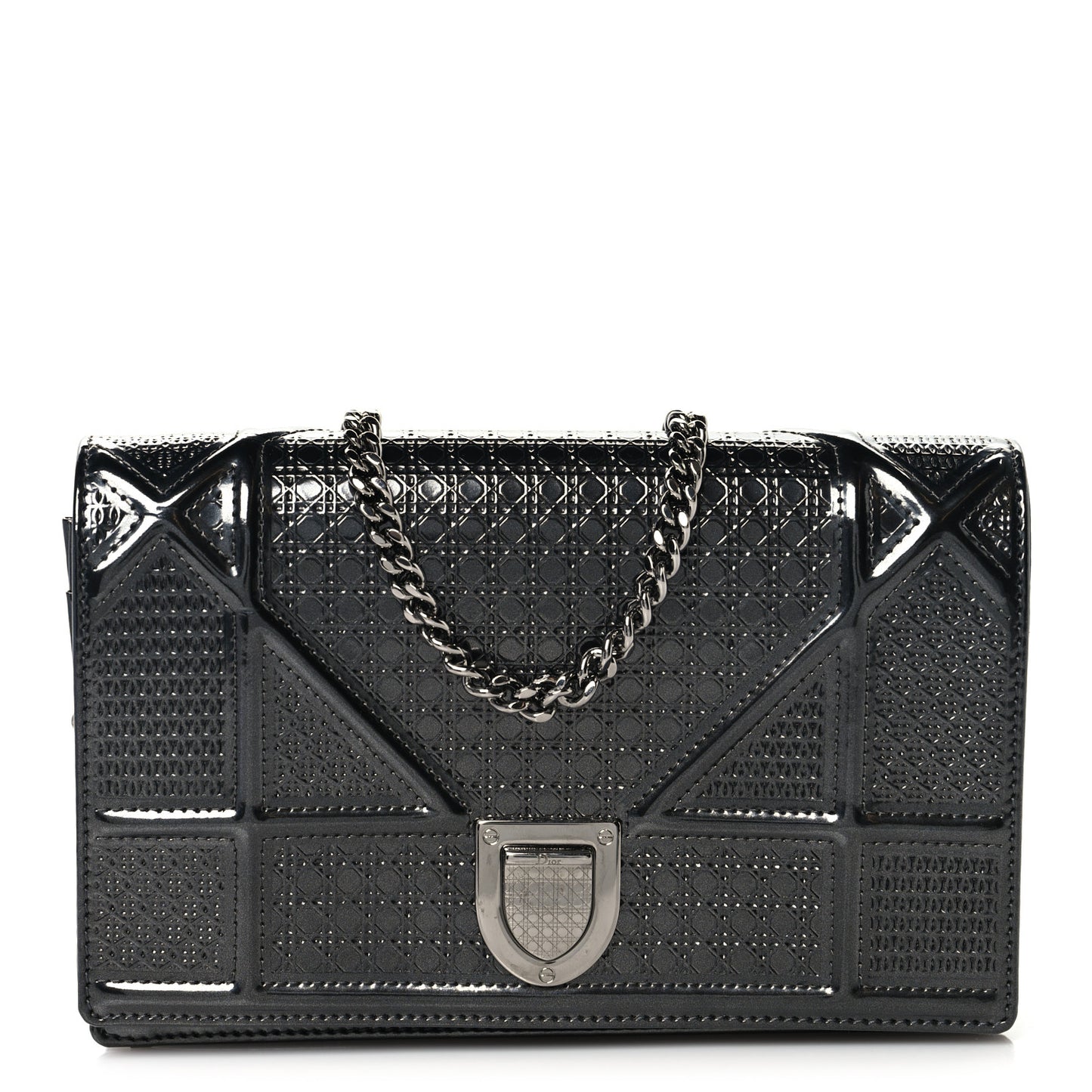 Metallic Patent Micro-Cannage Diorama Wallet on Chain Pouch Onyx Black