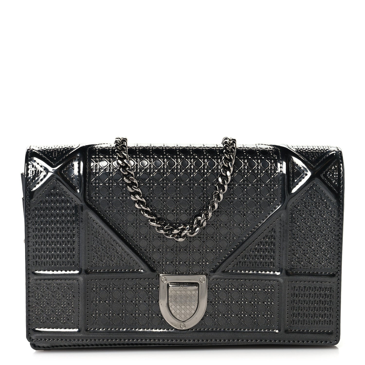 Christian Dior Metallic Patent Micro-Cannage Diorama Wallet on Chain Pouch Onyx Black 1 of 10