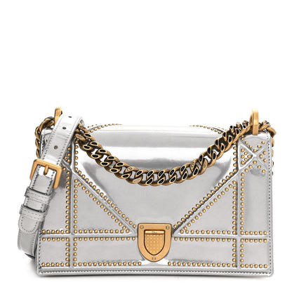 Christian Dior Metallic Patent Studded Small Diorama Flap Bag Silver 1 of 10
