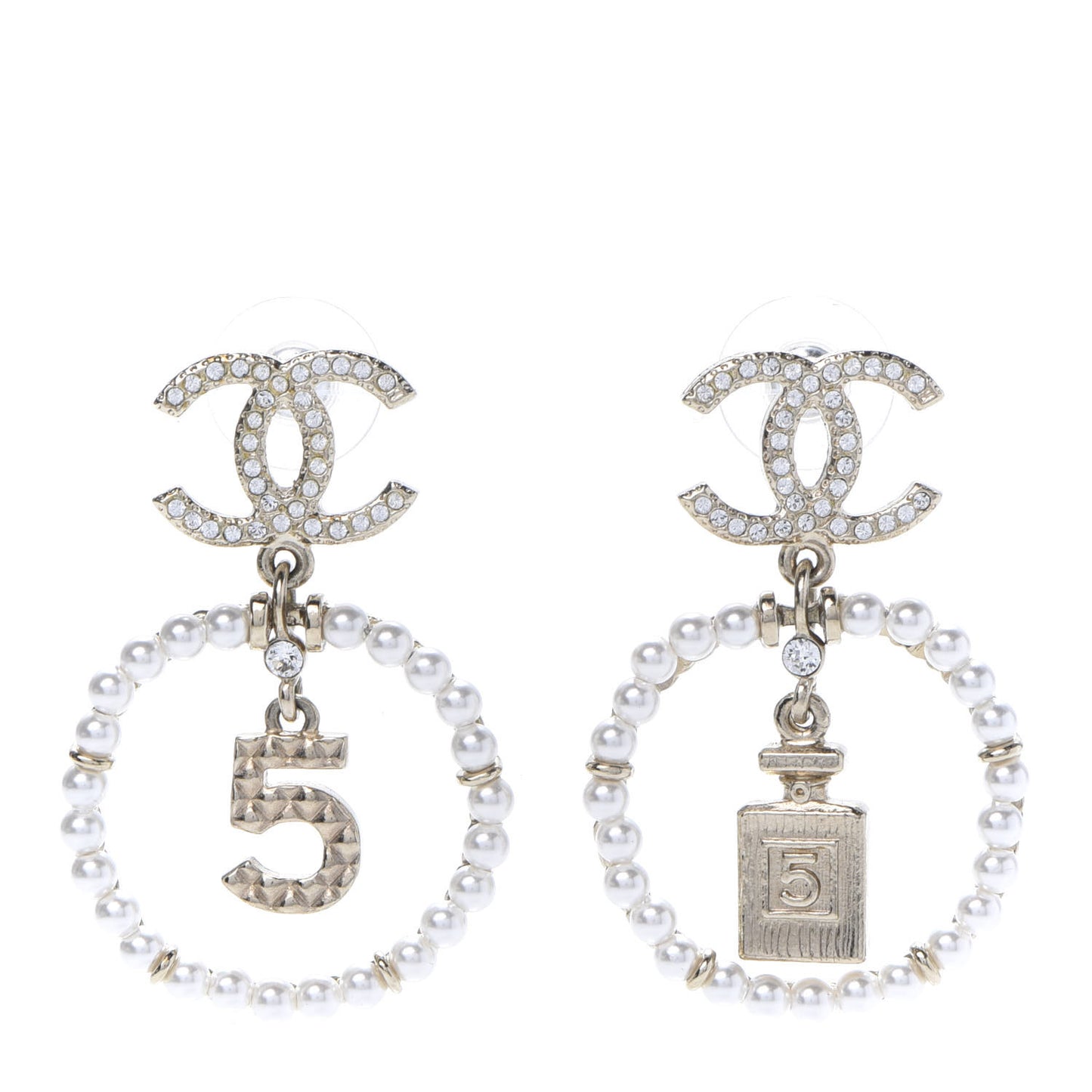 Crystal Pearl Charms CC Drop Earrings Gold