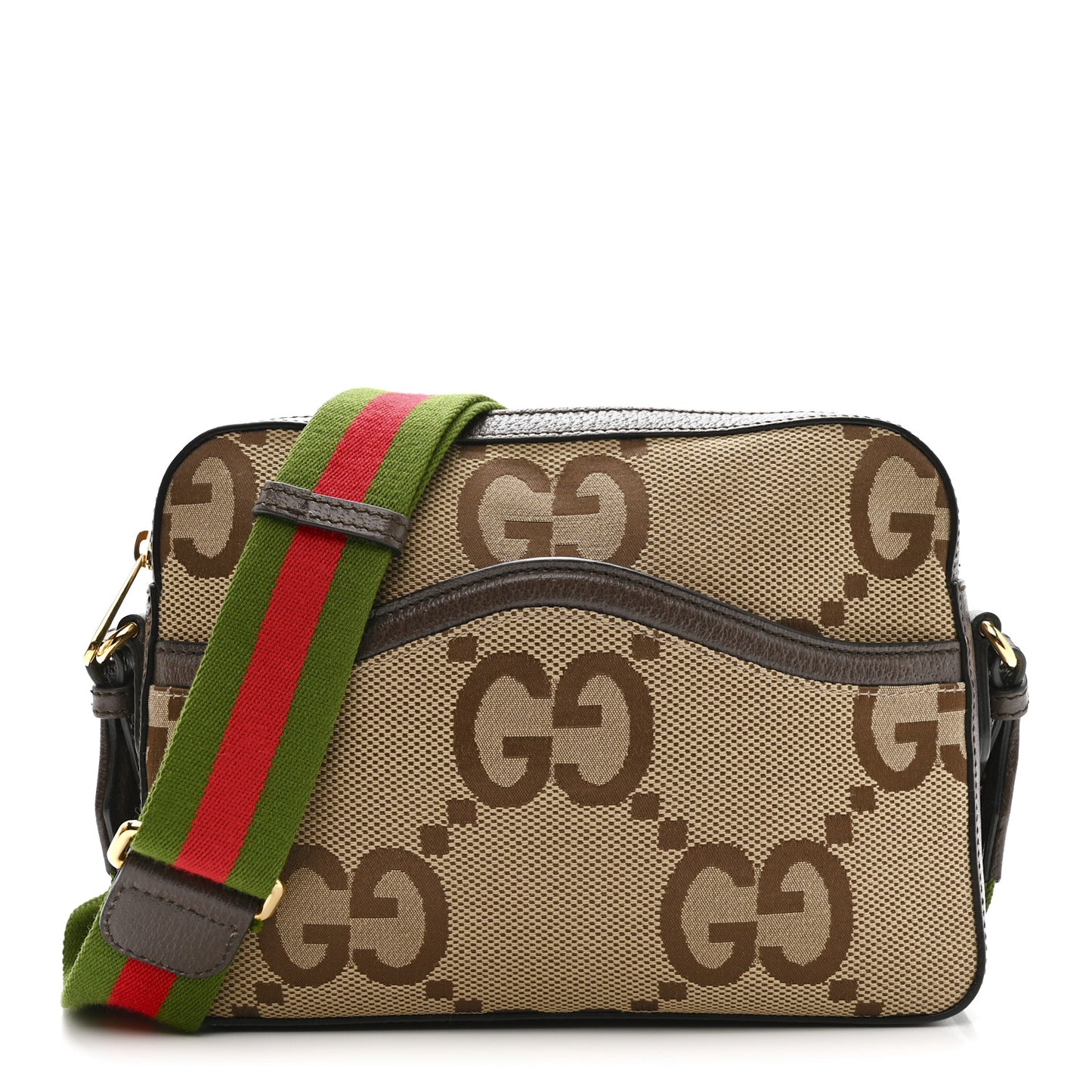 Monogram Jumbo GG Textured Dollar Calfskin Web Messenger Shoulder Bag Camel Ebony New Acero