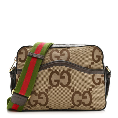 Gucci Monogram Jumbo GG Textured Dollar Calfskin Web Messenger Shoulder Bag Camel Ebony New Acero 1 of 10