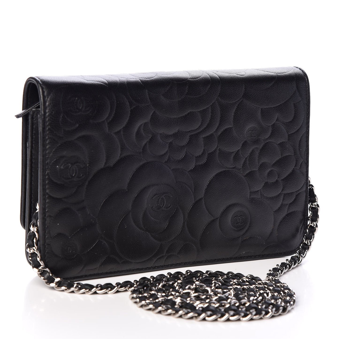 Lambskin Camellia Embossed Wallet on Chain WOC Black