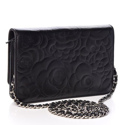 Chanel Lambskin Camellia Embossed Wallet on Chain WOC Black 2 of 11