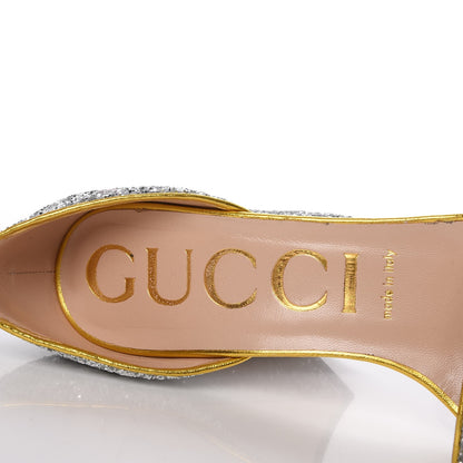 Gucci Glitter Soko Bee Platform Mid Heel Sandals 38.5 Argento Oro Vecchio 10 of 10