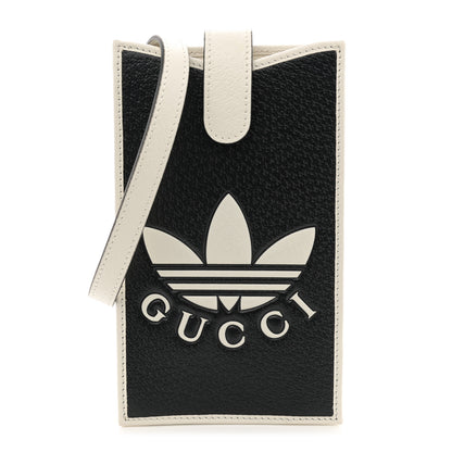 Gucci X ADIDAS Textured Dollar Calfskin Trefoil Embossed Phone Crossbody Bag Black Off White 1 of 12