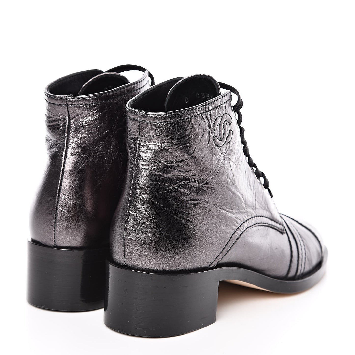 Metallic Calfskin CC Lace Up Boots 35 Silver Black