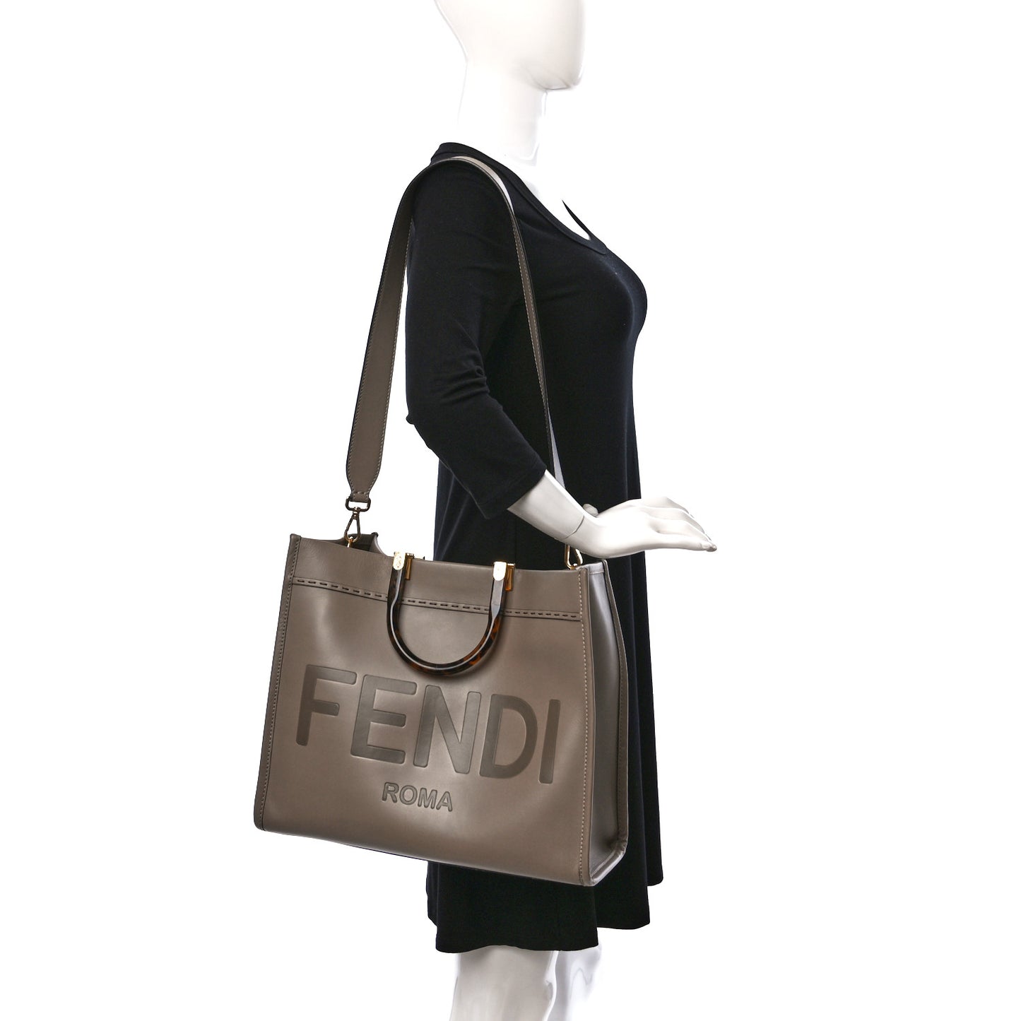 Vitello King Plexiglass Logo Embossed Medium Fendi Sunshine Shopper Tote Tortora