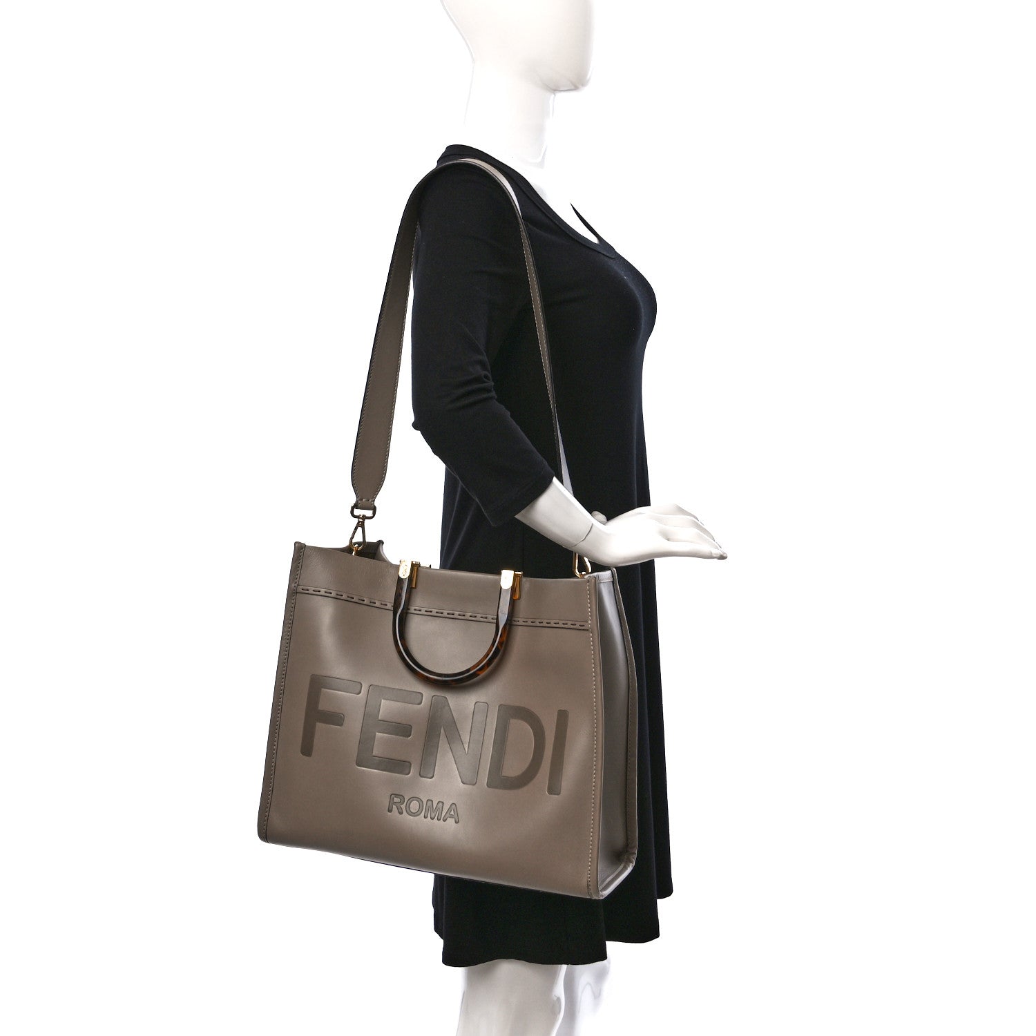 Fendi Vitello King Plexiglass Logo Embossed Medium Fendi Sunshine Shopper Tote Tortora 2 of 16
