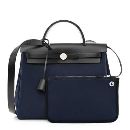 Hermes Military Toile Vache Hunter Herbag Zip Retourne 31 PM Bleu Marine Black 1 of 14