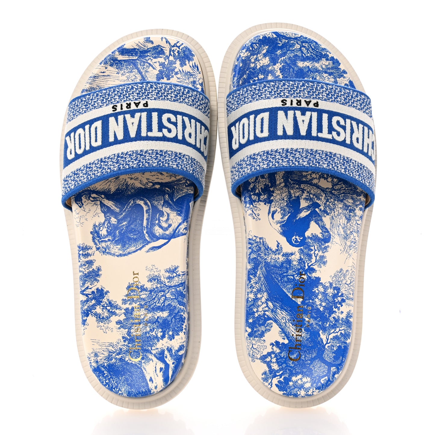 Canvas Toile de Jouy Embroidered Dway 10mm Slide Sandals 39 Off White Blue