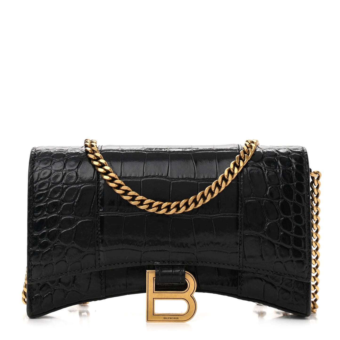 Shiny Calfskin Crocodile Embossed Hourglass Chain Bag Black