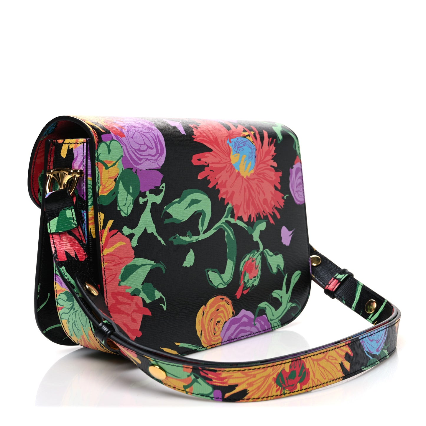 X KEN SCOTT New Shangai Calfskin Jenny Floral Print Horsebit 1955 Shoulder Bag Black Pink