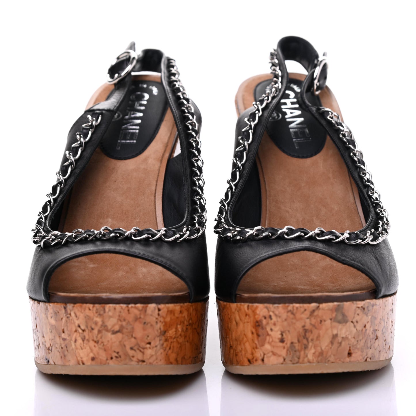 Lambskin Cork Chain CC Wedge Sandals 40 Black