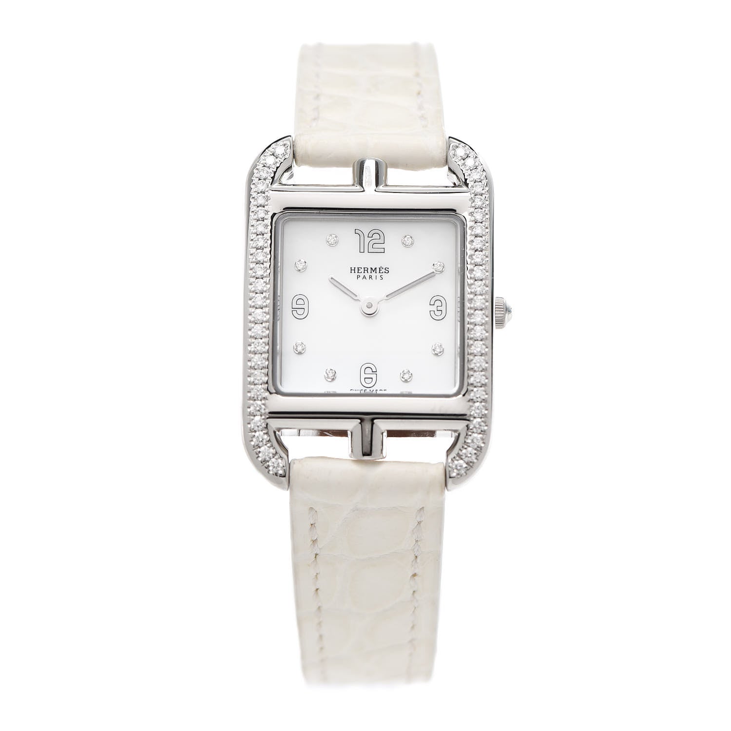 Hermes Stainless Steel Alligator Diamond Bezel Mother of Pearl 23mm Cape Cod Quartz Watch Blanc 1 of 5